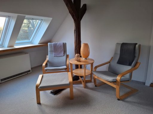 Zwei moderne Stühle mit Tisch und Vase in einem hellen Raum mit Fenstern.