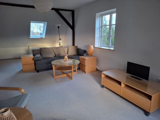 Helles Wohnzimmer mit Sofa, Glastisch, Holzregalen und Fernseher.